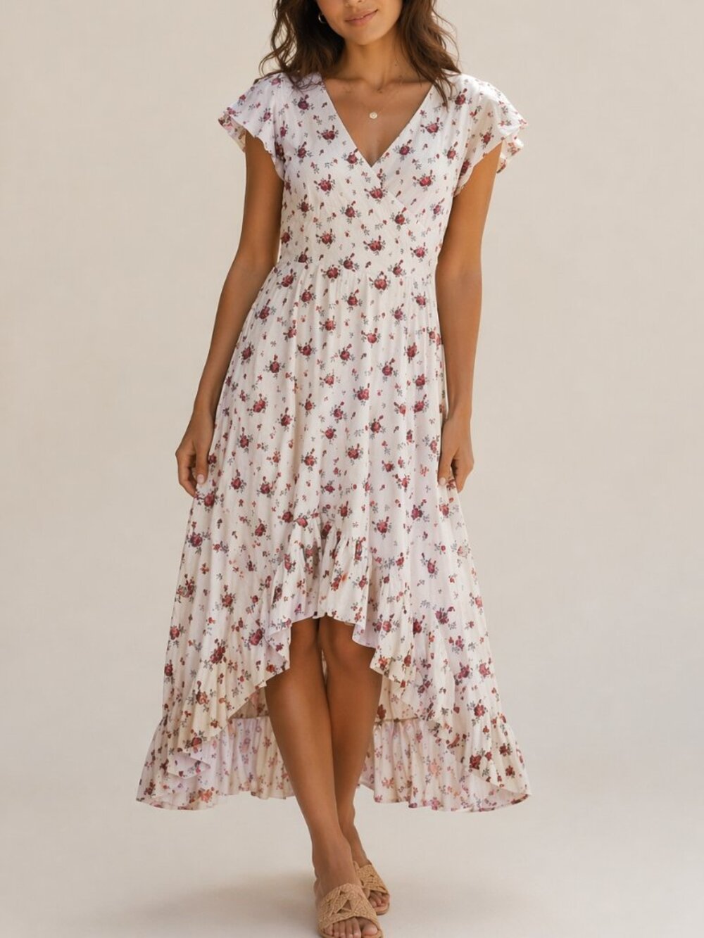 Lindy Bop Floral Cottagecore Midi Dress Ruffle Hem Romantic Ivory Pink